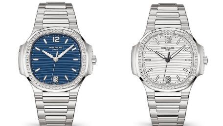 The diamonds paved on the bezels add feminine touch to Patek Philippe Nautilus.